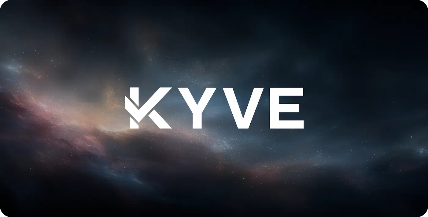 KYVE text logo in bold white lettering on a space-themed background